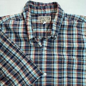 Duluth Trading Co Plaid Short Sleeve Button Up Shirt Men XL Tall Seersucker